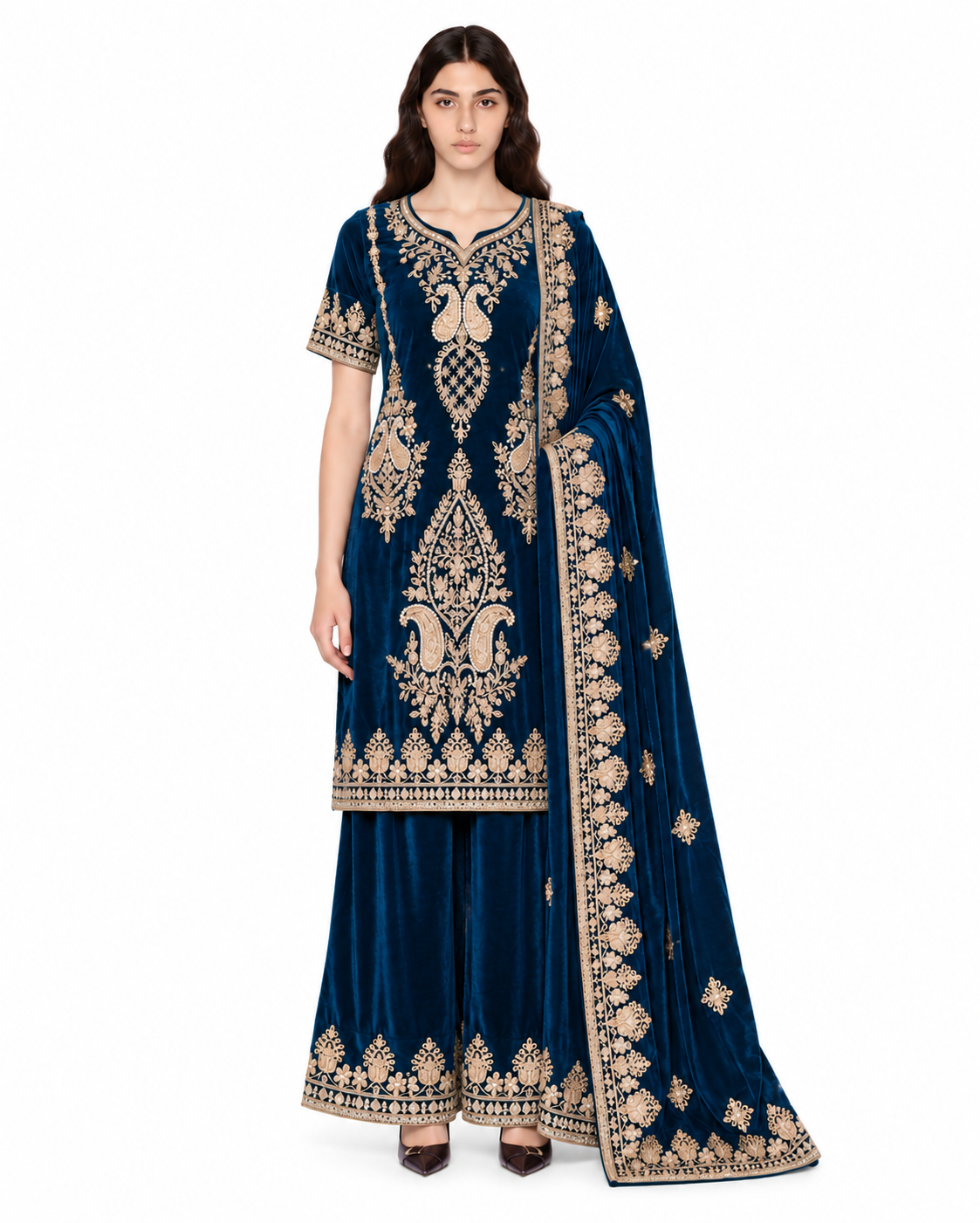 Navy Blue Velvet Diamond Work Kurta Set with Dupatta