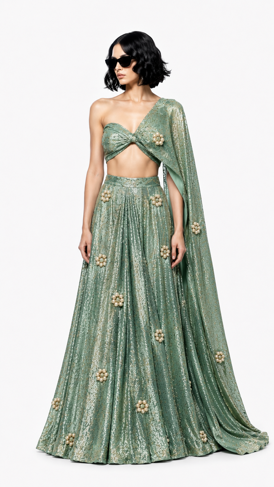 Sage Green Shimmer Lehenga Set with One-Shoulder Drape & Pearl Embellishments