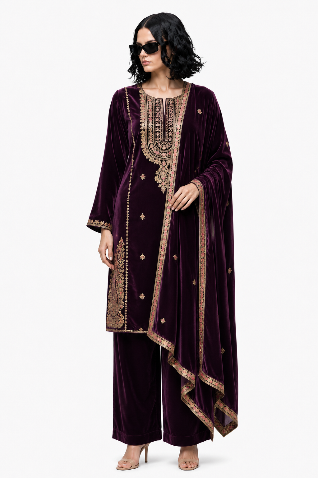 Royal Plum Velvet Embroidered Kurta Pant Set with Dupatta