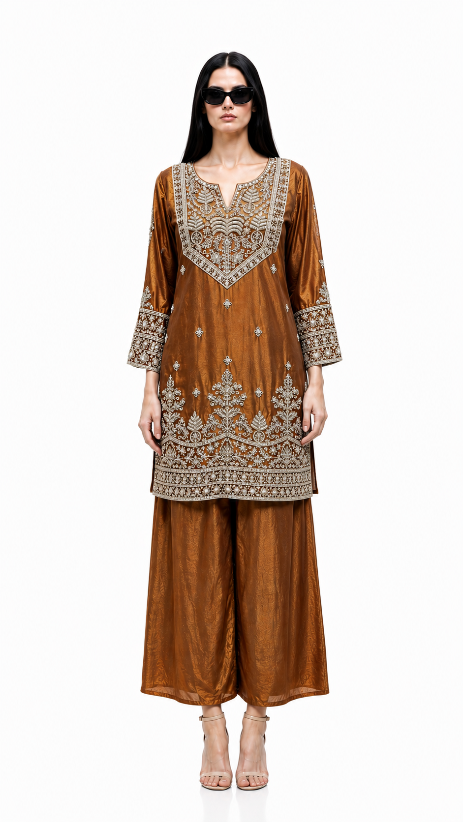 Rust Fendy Silk Embroidered Kurta Set with Palazzo & Dupatta