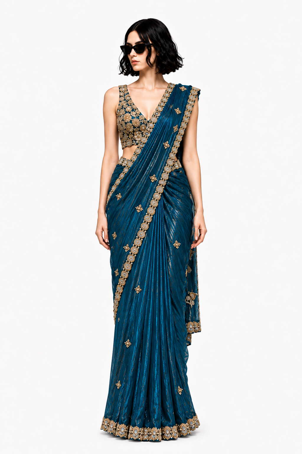 Royal Teal Embroidered Designer Saree with Handcrafted Zari Border & Embellished Blouse