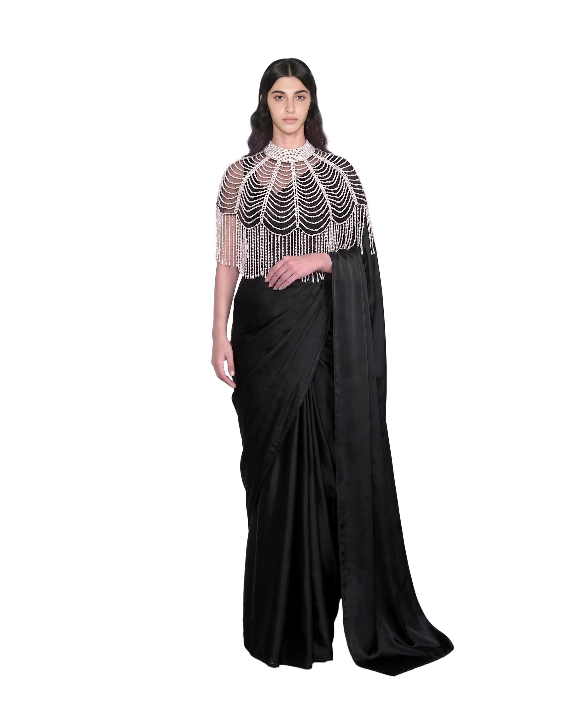 Black Pearl Embellished Net Blouse with Saree