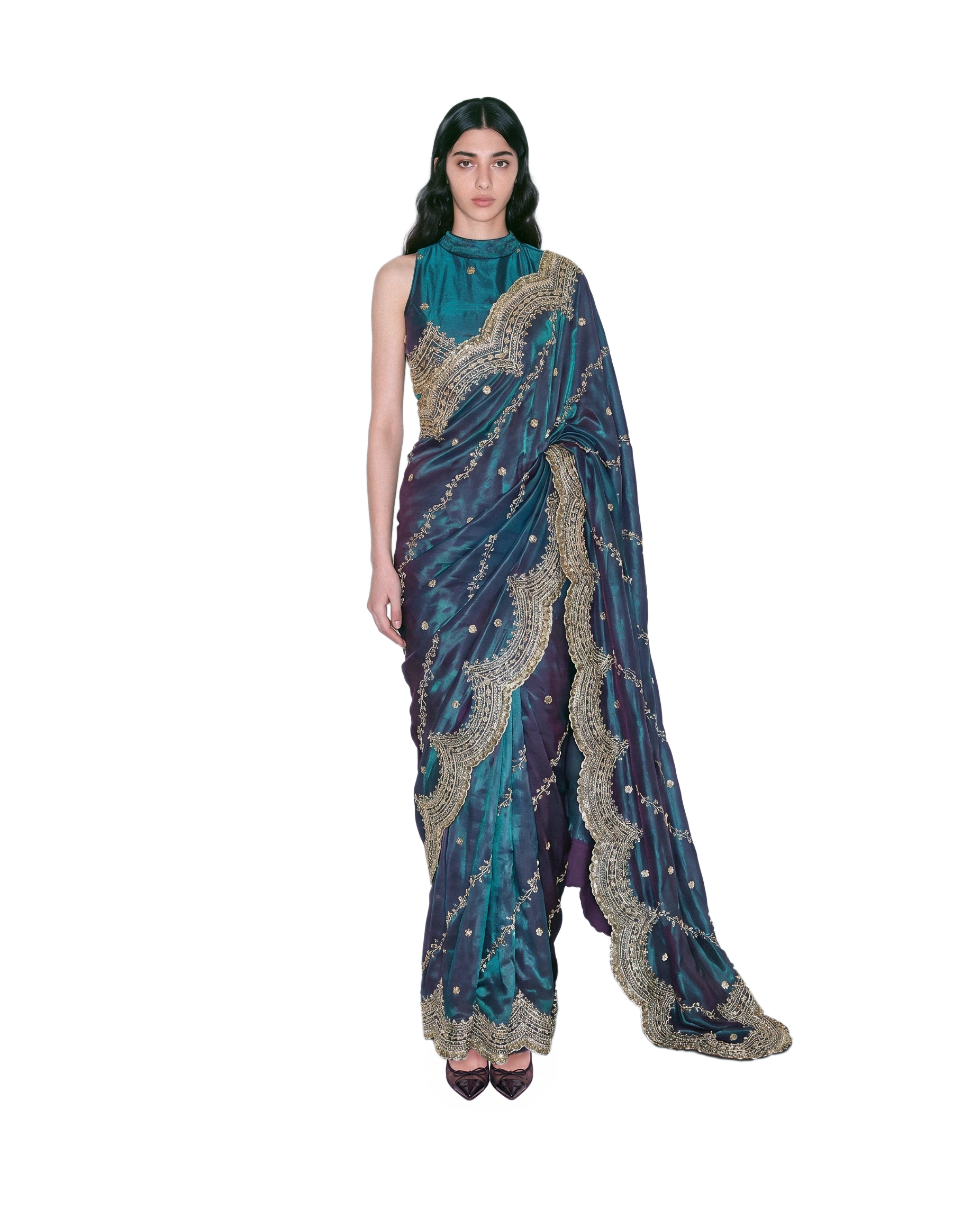 Gold and Rama Blue Embroidered Saree Set