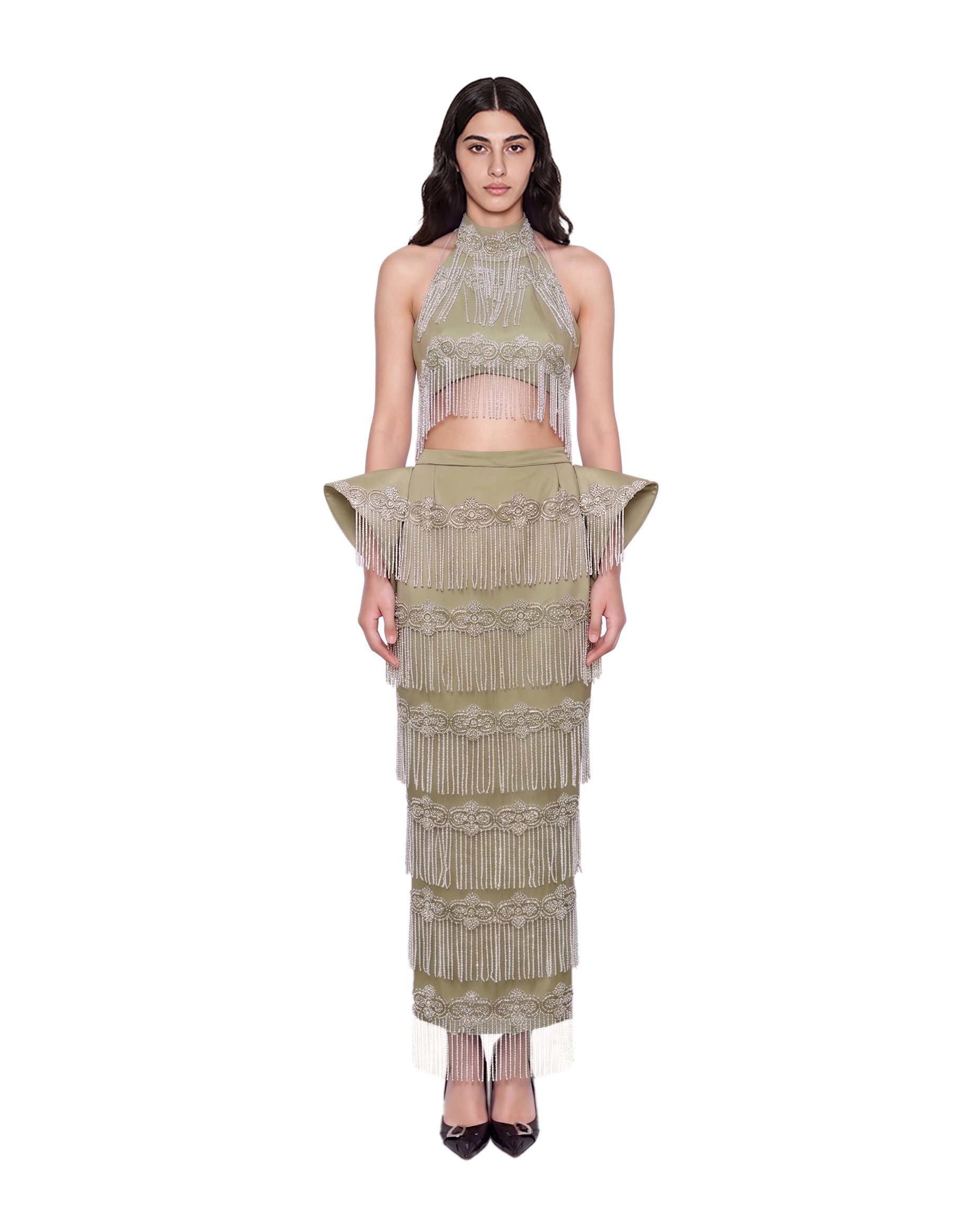 Pista Green Pearl Fringe Embellished Co-Ord Set