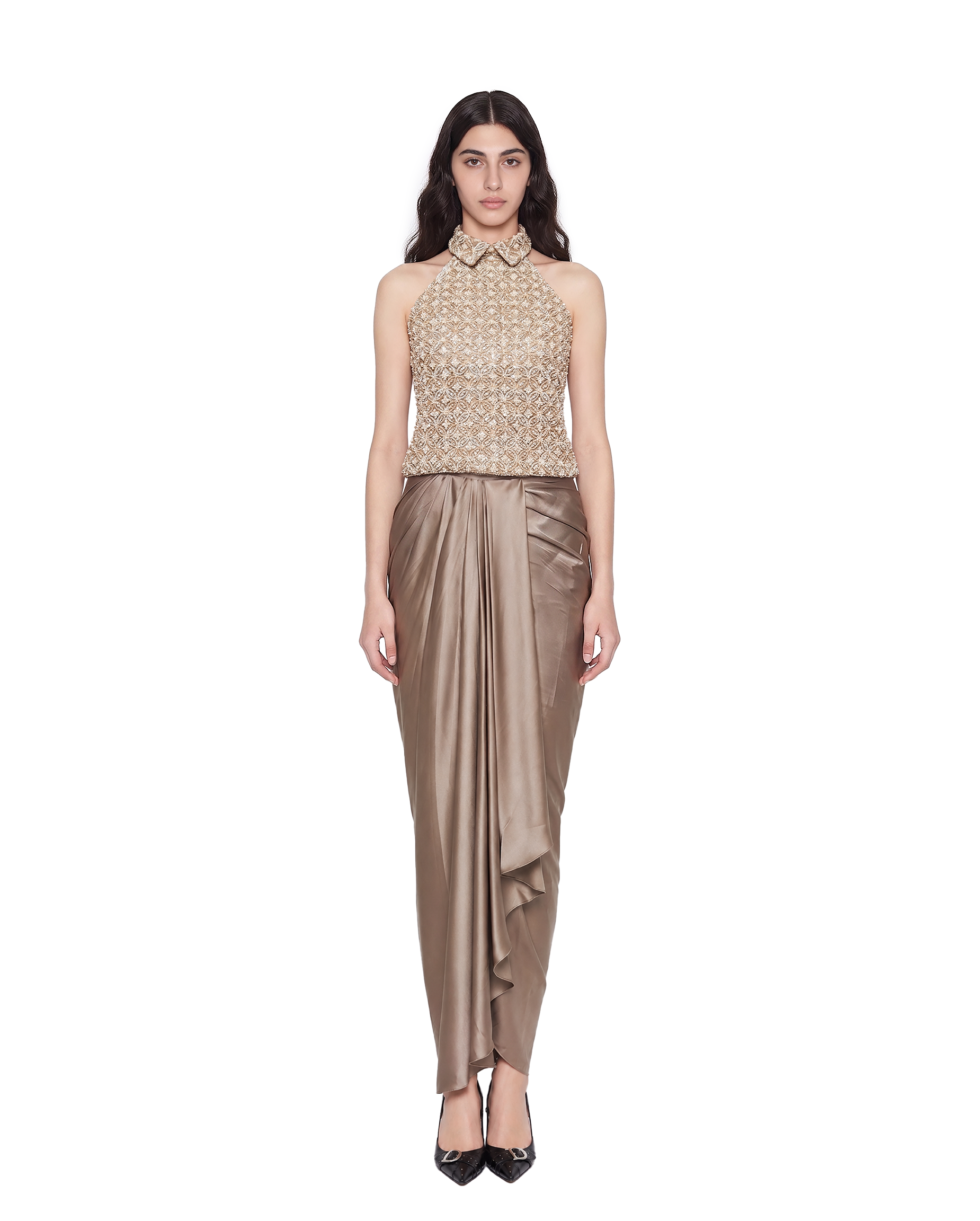 Gold Embellished Halter Top with Draped Taupe Satin Skirt Set