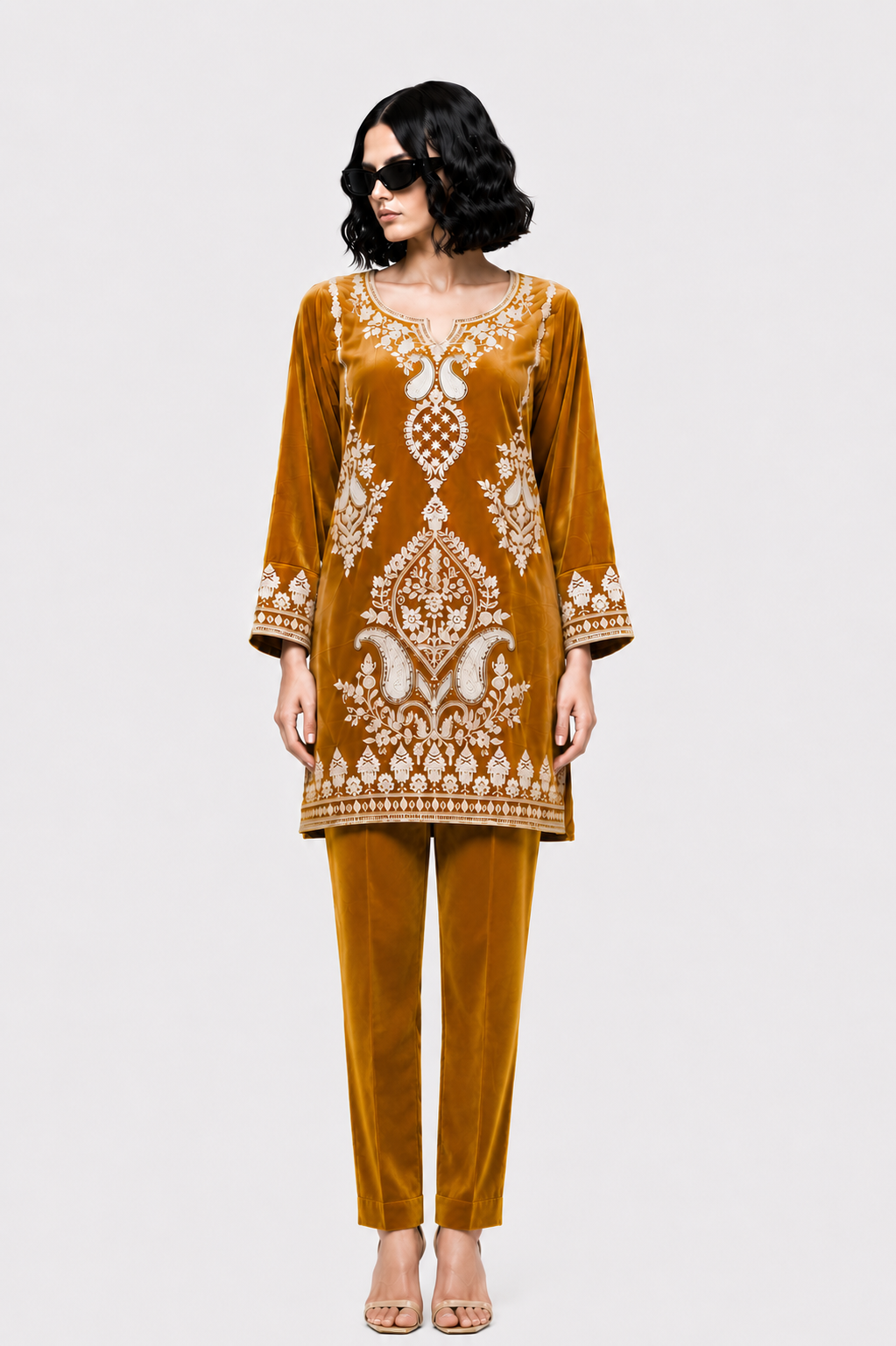 Mustard Yellow Velvet Diamond Work Kurta Pant Set with Dupatta