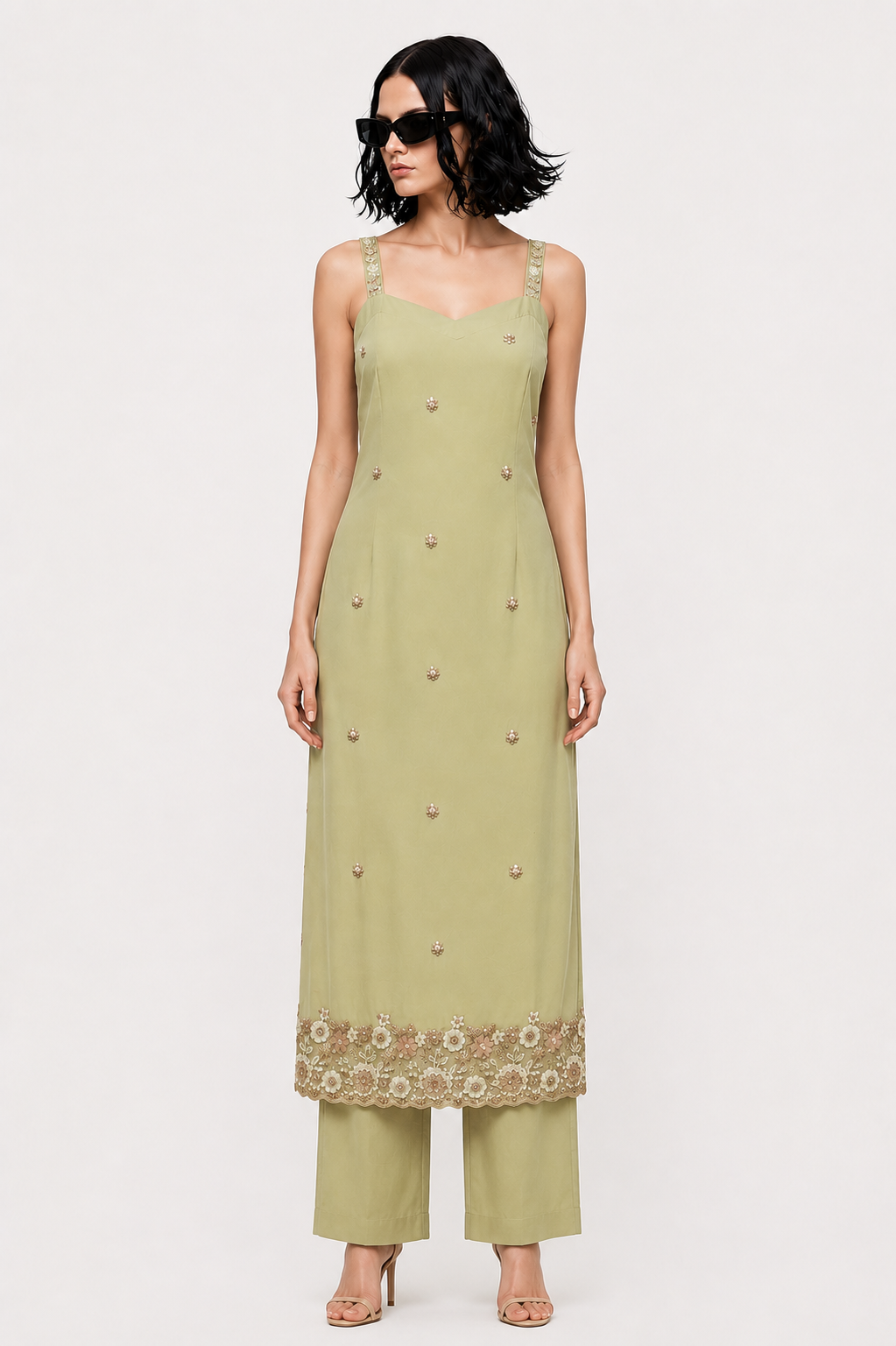 Pistachio Green Embroidered Straight Kurta Pant Set