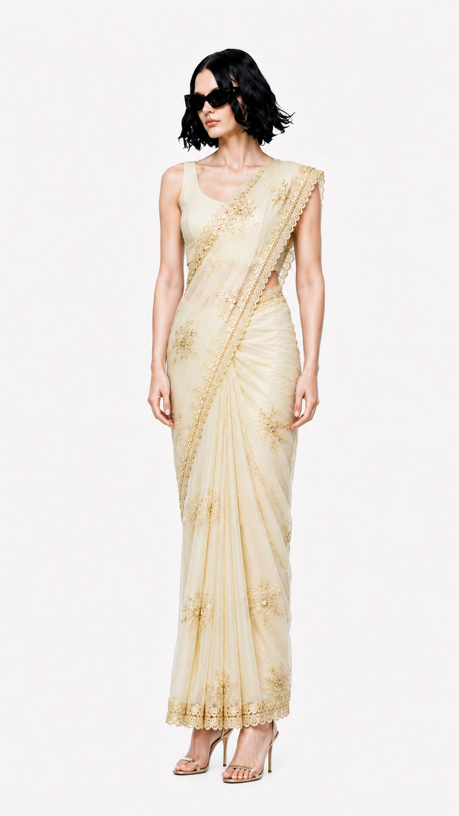 Butter Yellow Embellished Designer Saree with Sleeveless Blouse