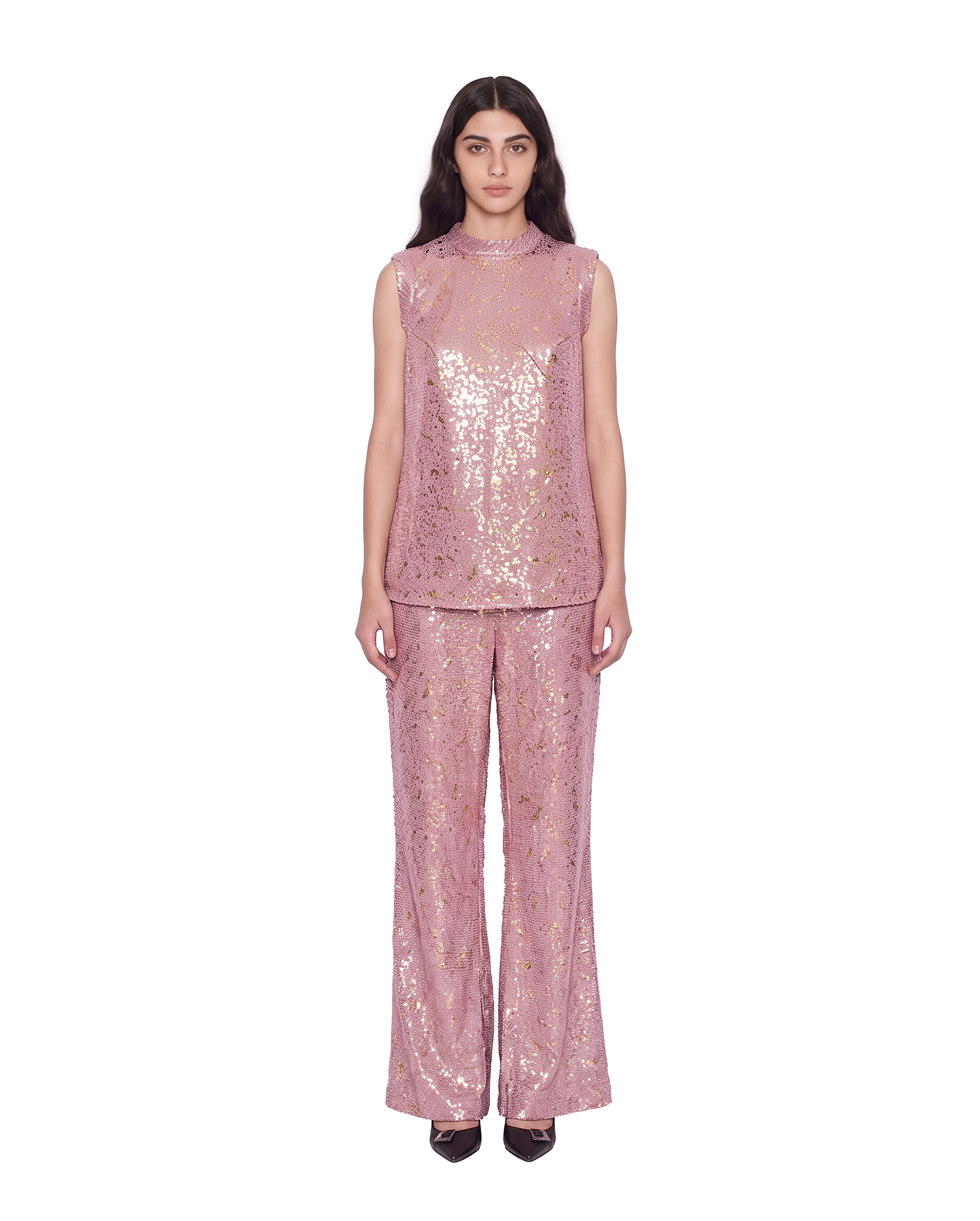 Blush Pink Sequin Co-Ord Set with Sleeveless High Neck Top & Straight Pants
