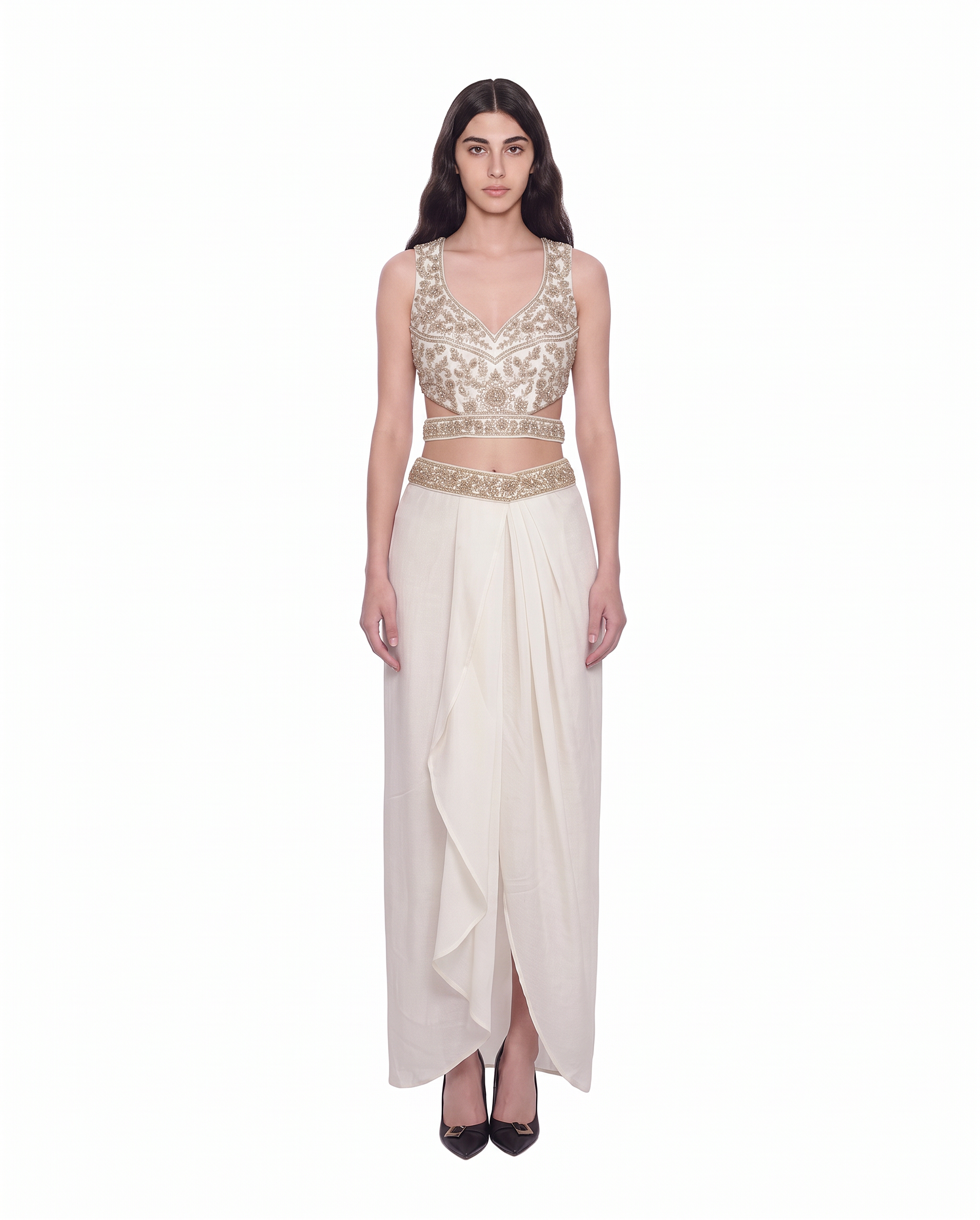 Pure White Embellished Crop Top with Draped Skirt Co-Ord Set