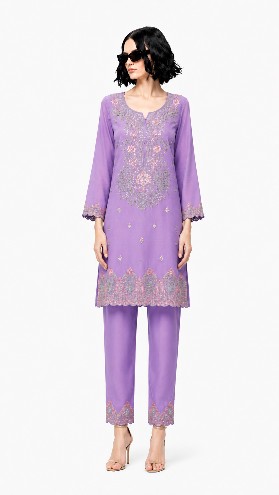 Lavender Embroidered Kurta Set with Palazzo & Dupatta