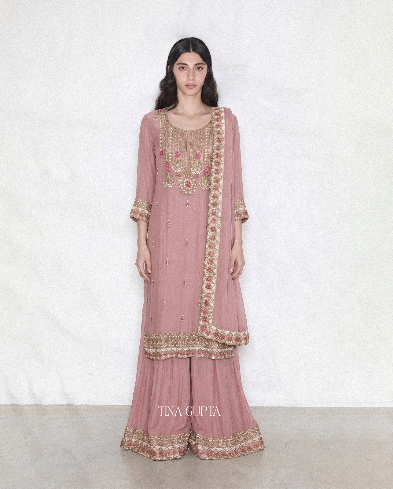 Dusty Pink Floral Embellished Kurta Set