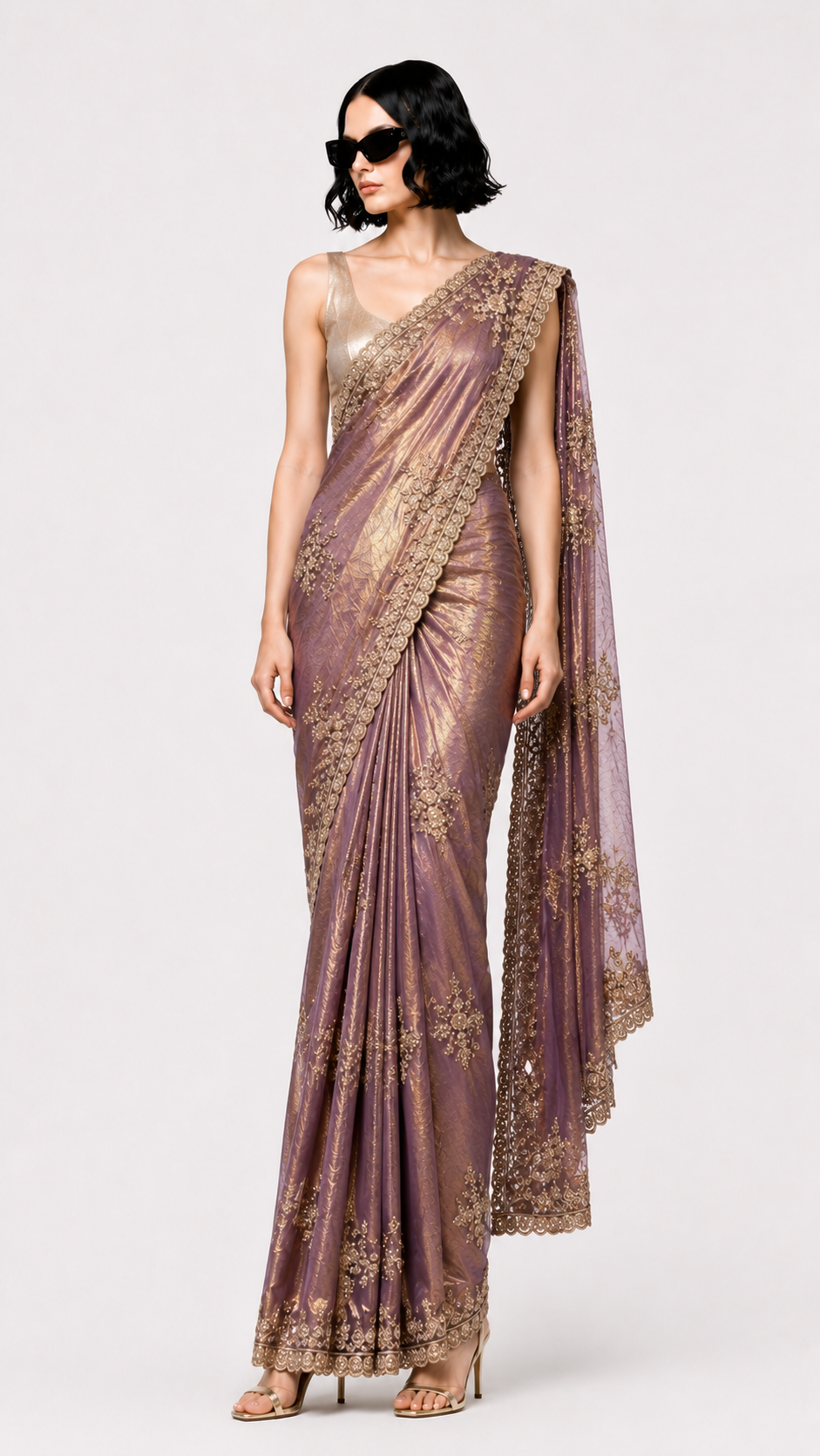 Lavender Rose Gold Tissue Silk Saree with Intricate Zari Embroidery & Designer Blouse