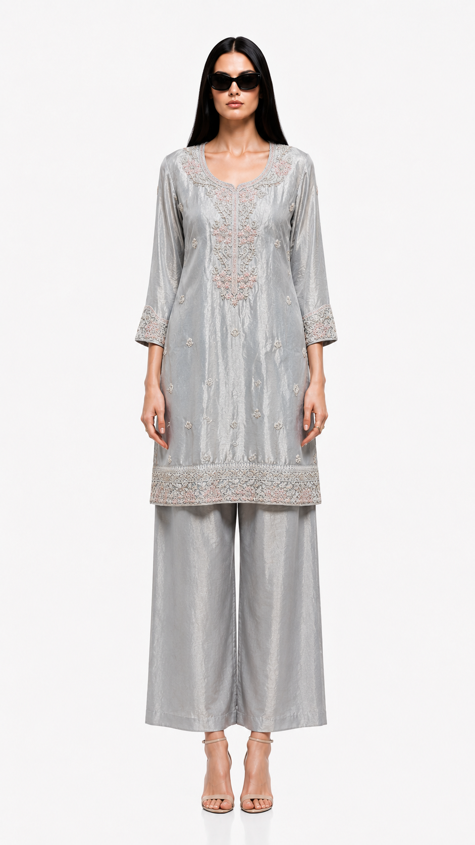Silver Grey Embroidered Kurta Palazzo Set
