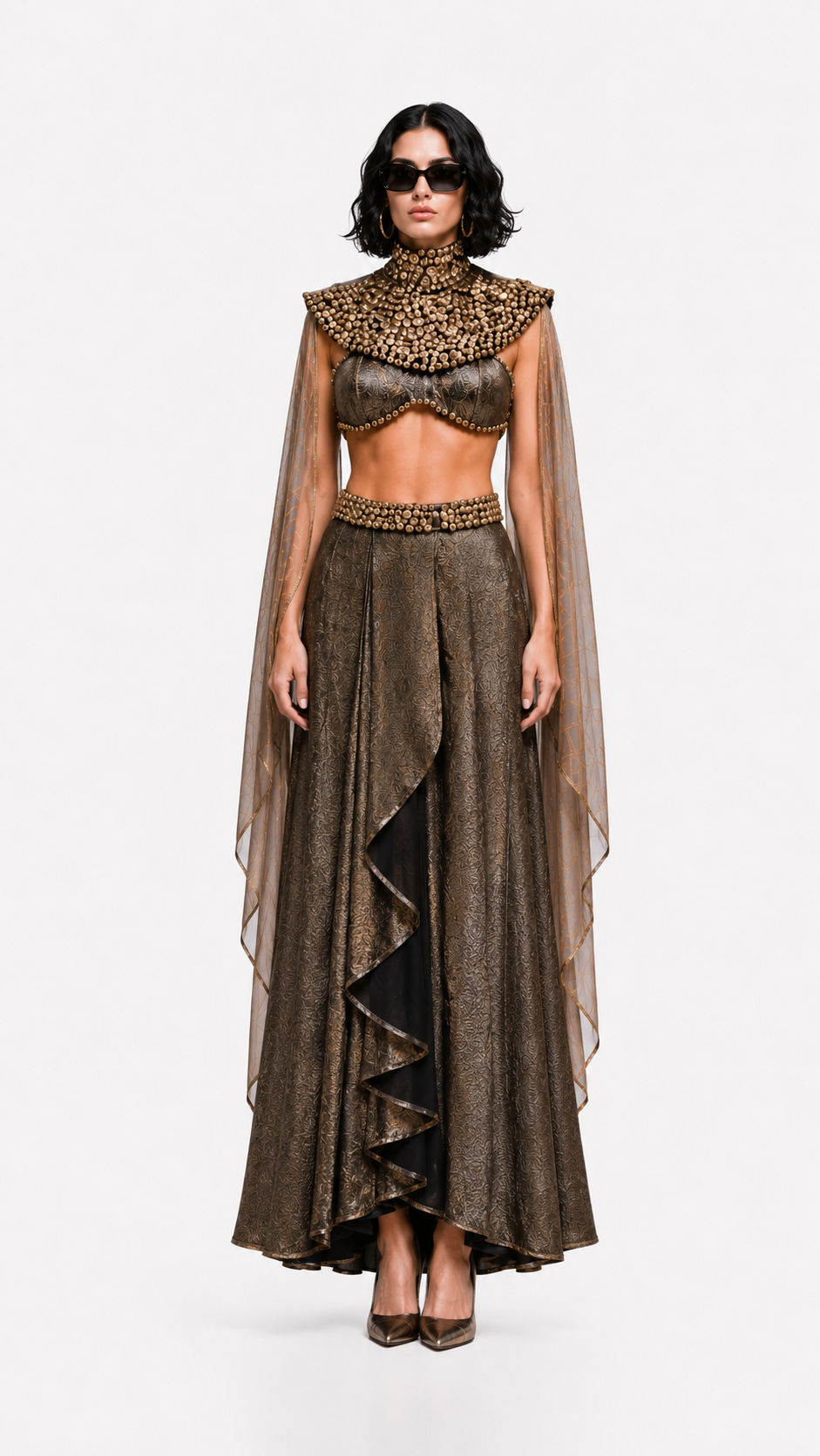 Regal Bronze Embellished Cape Blouse & Layered Drape Skirt Set