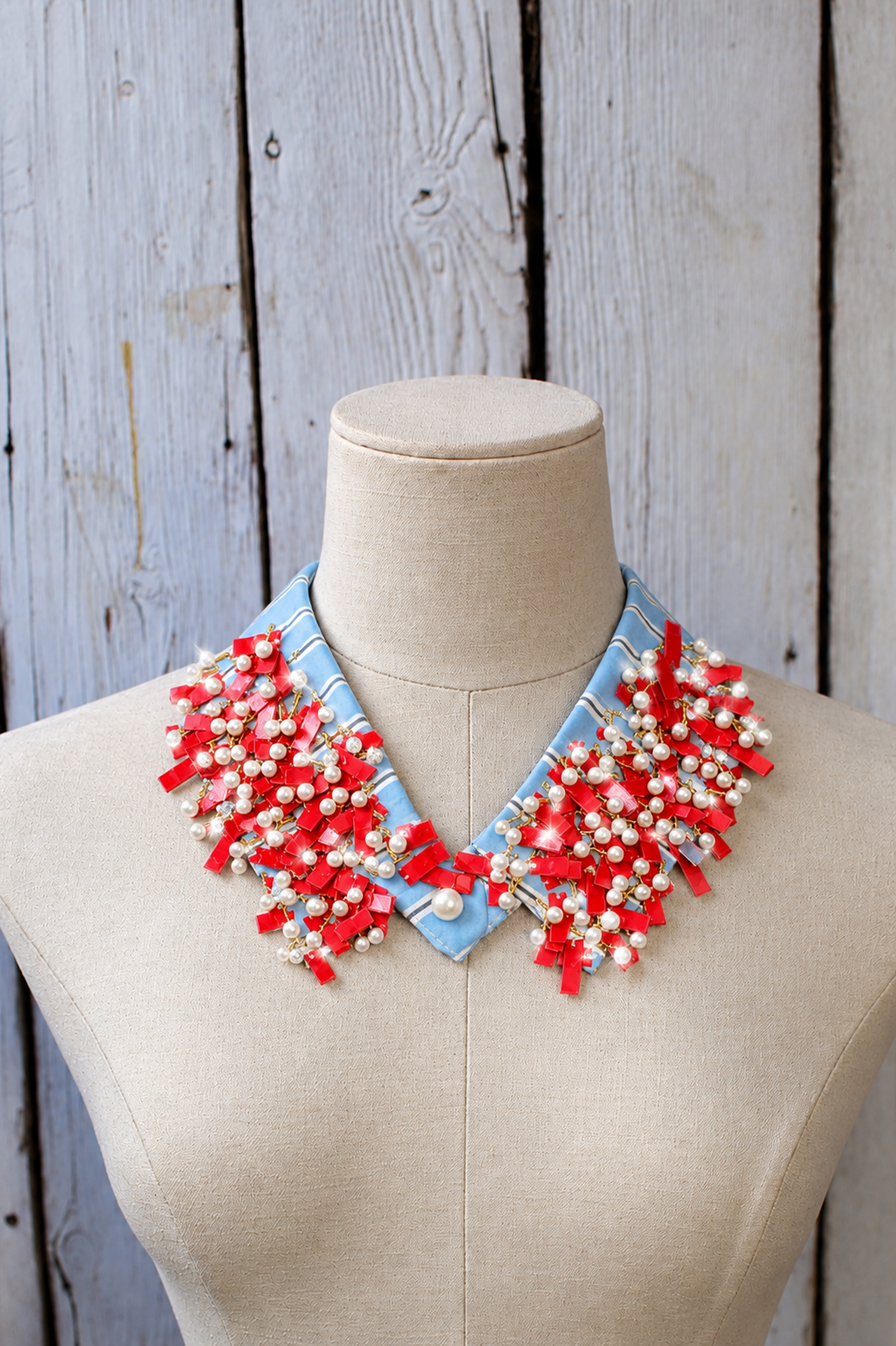 Blue Pearl & Red Ribbon Embellished Collar