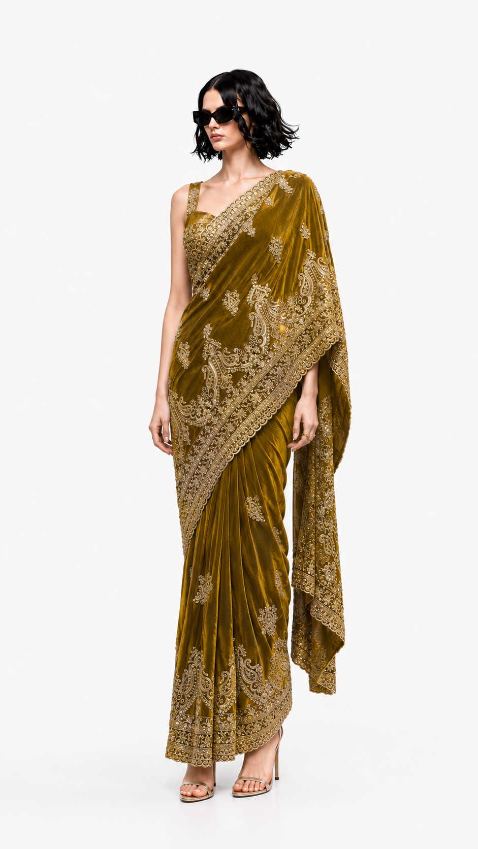 Olive Gold Designer Embroidered Saree with Embroidered Blouse