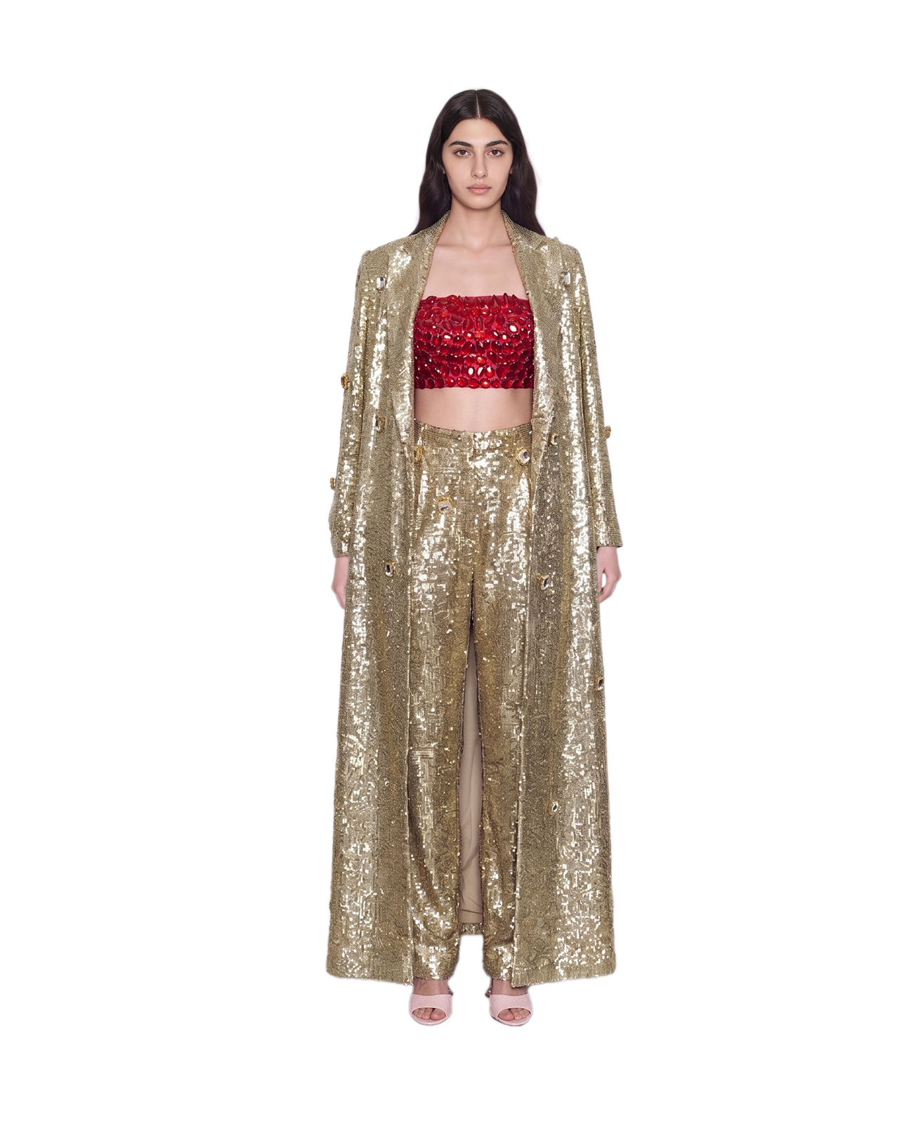 Gold Sequin Jacket Set with Red Stone Tube Top