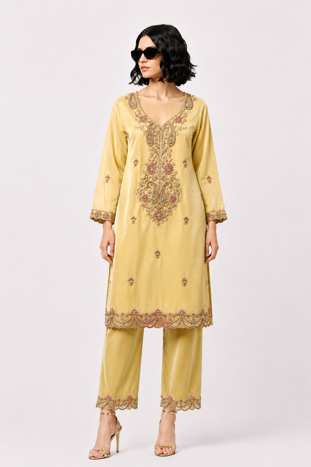Pastel Yellow Embroidered Kurta Set with Palazzo & Dupatta