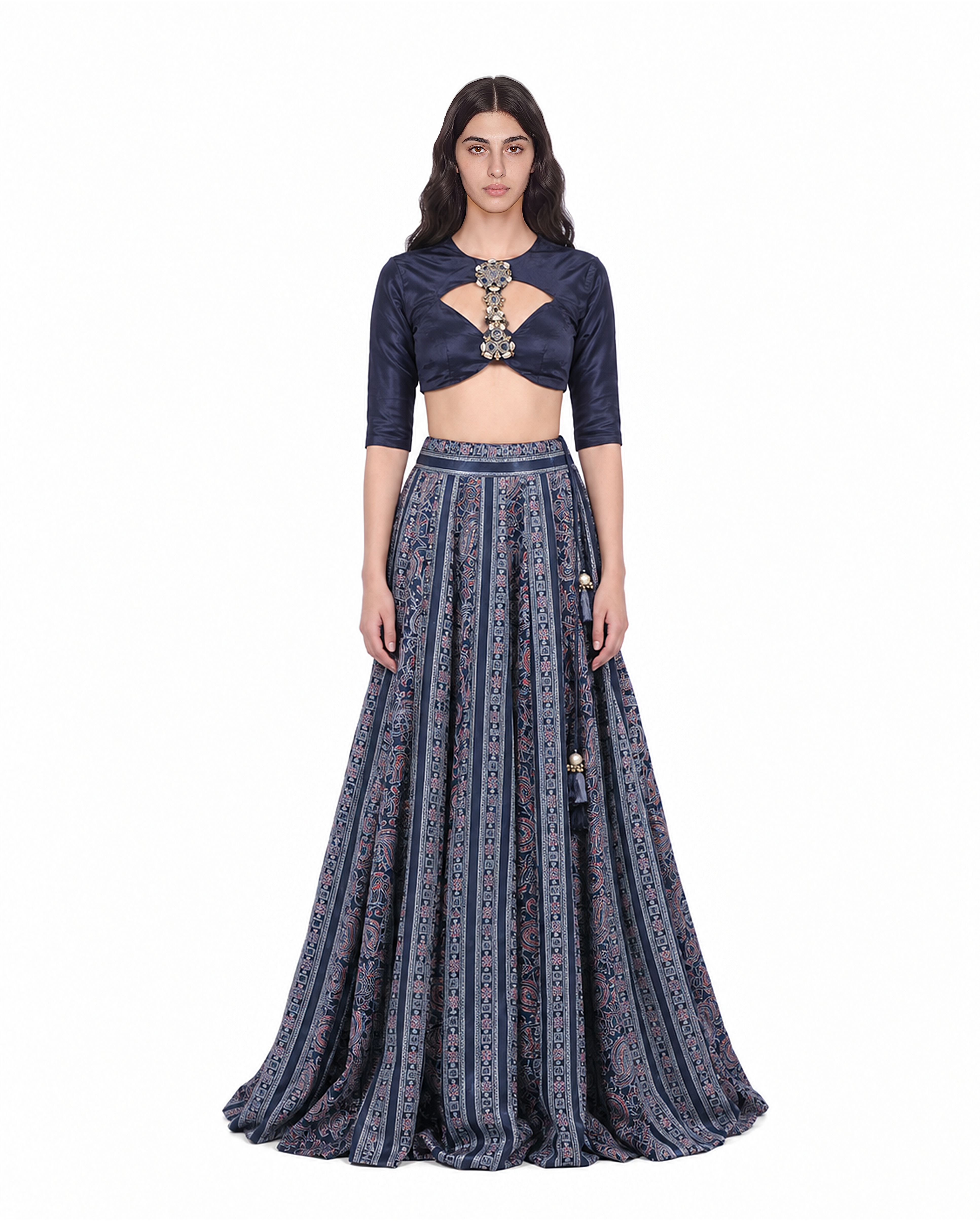 Midnight Blue Navratri Designer Crop Top & Heritage Print Lehenga Set