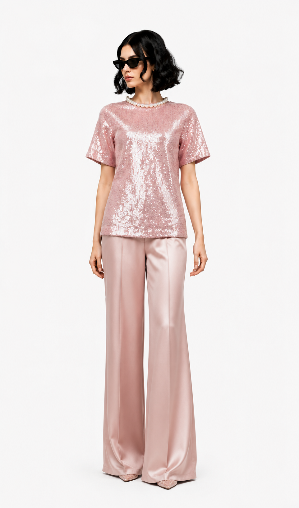 Blush Pink Pearl Neck Embellished Sequin Top