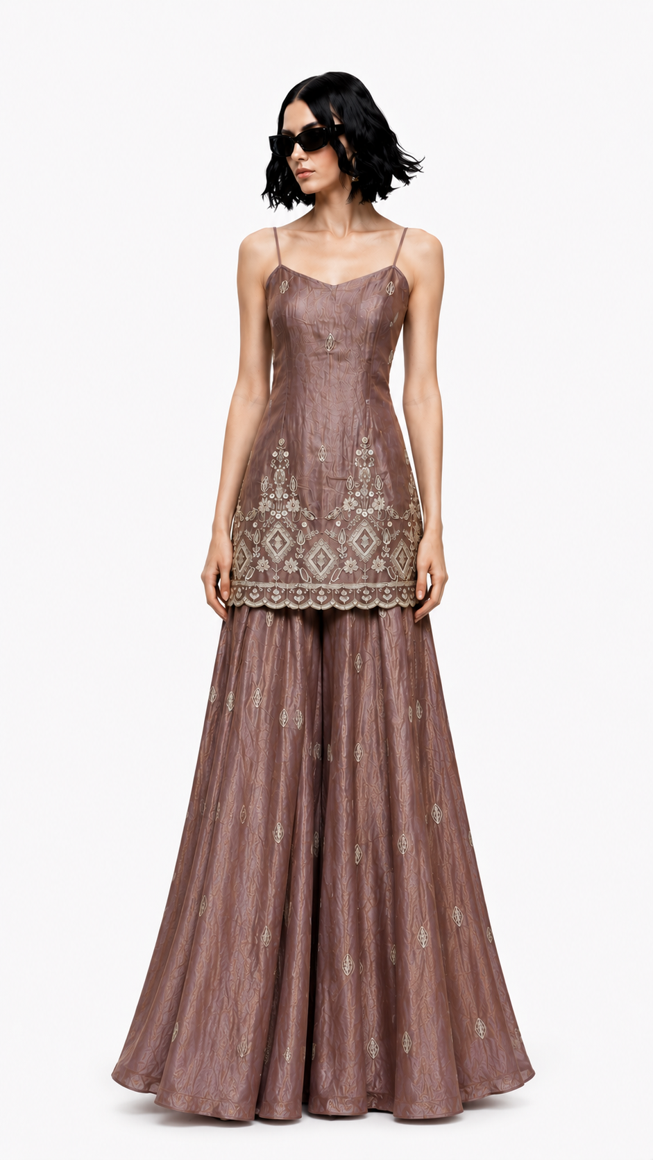 Mocha Brown Embroidered Peplum Kurta with Sharara Set