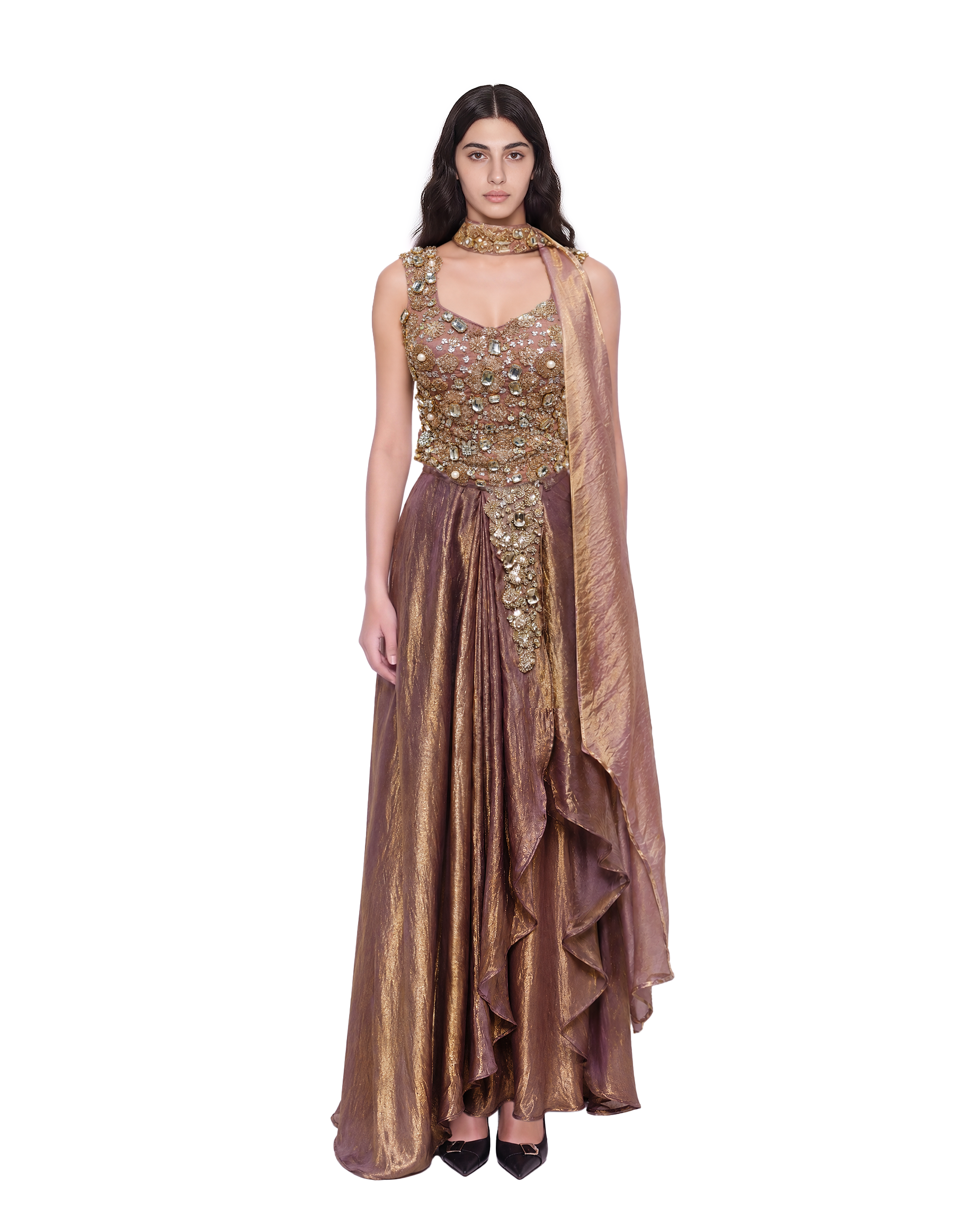 Royal Antique Gold Embellished Corset & Layered Drape Skirt Set