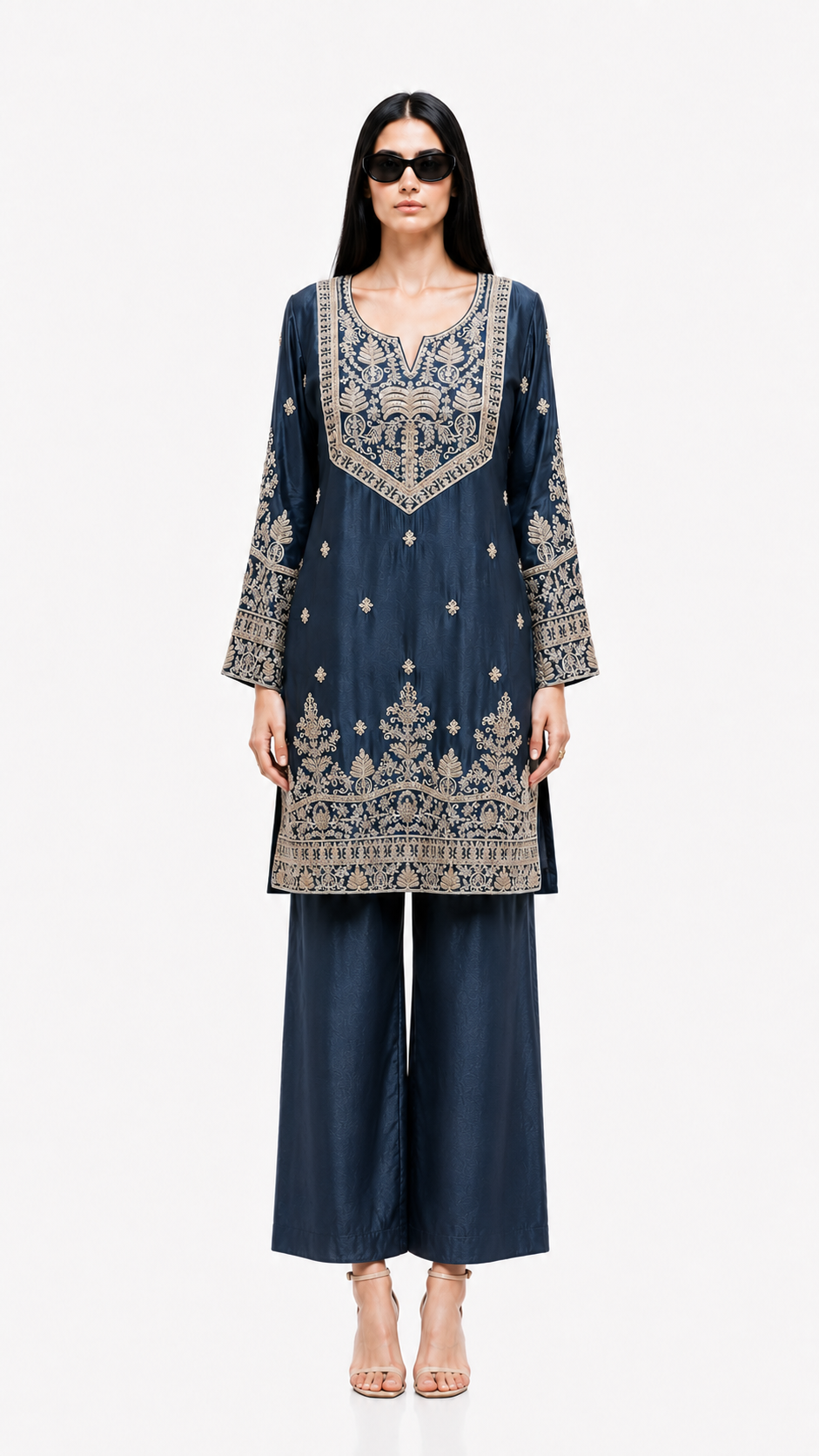 Navy Blue Embroidered Straight Kurta Set