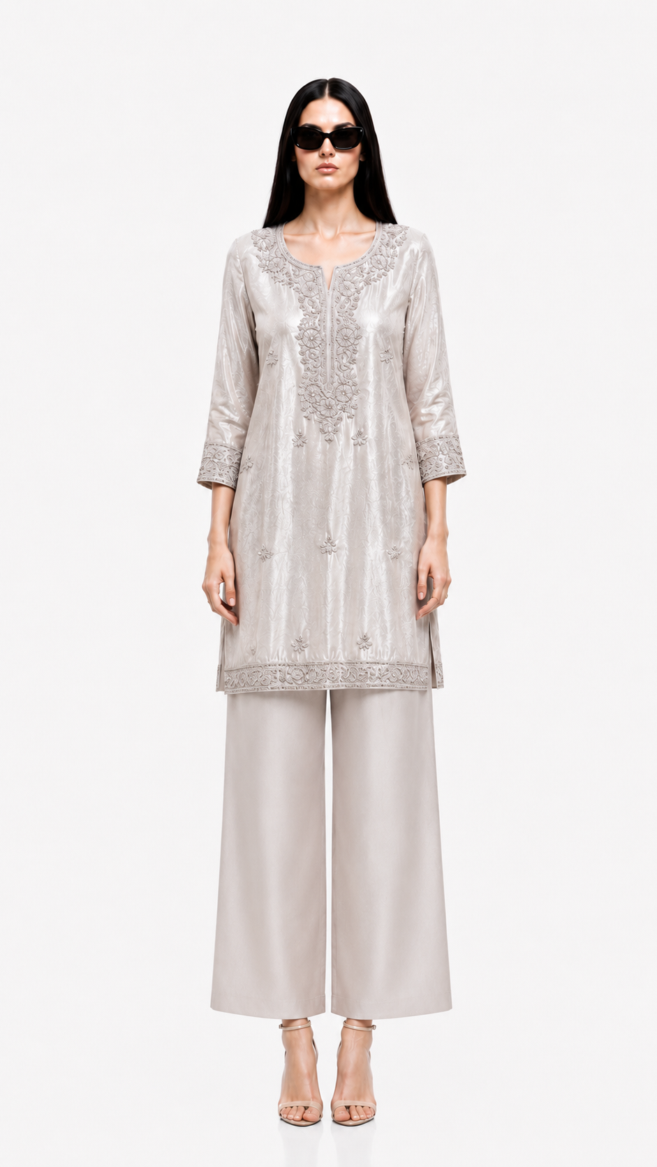 Pearl White Embroidered Kurta Palazzo Set