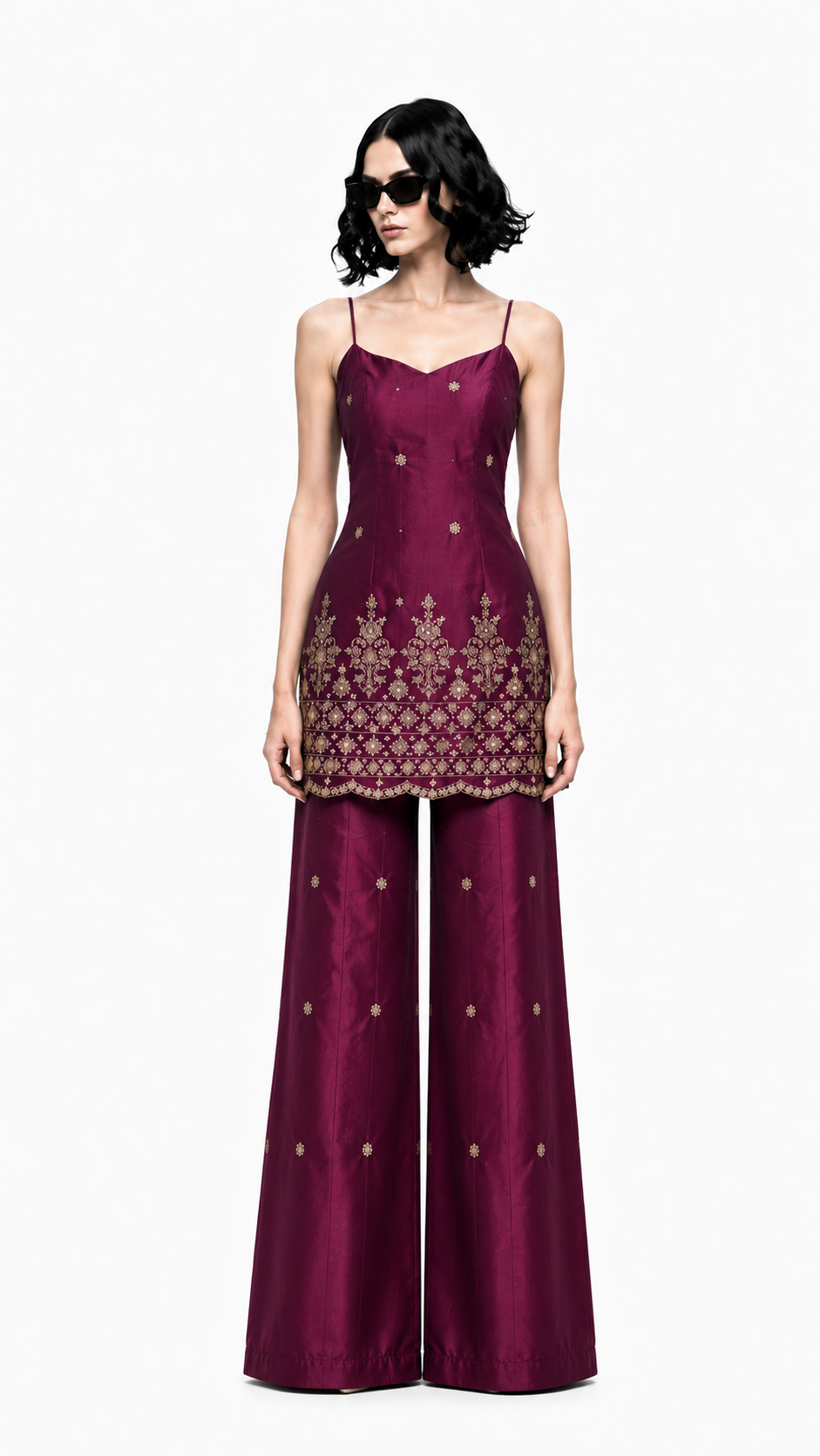 Wine Embellished Cami Top with Palazzo Set