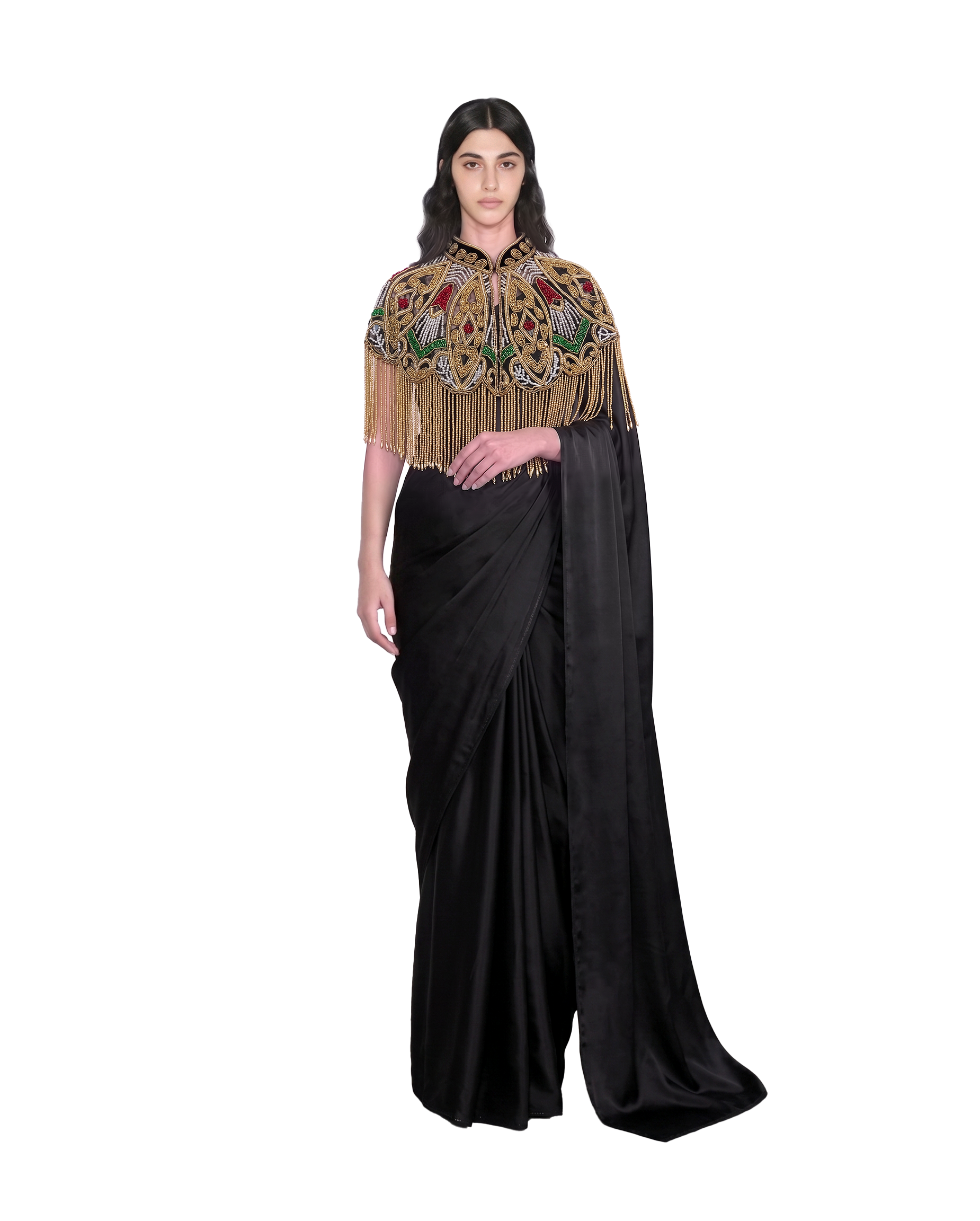 Black Hand-Embellished Cape Set